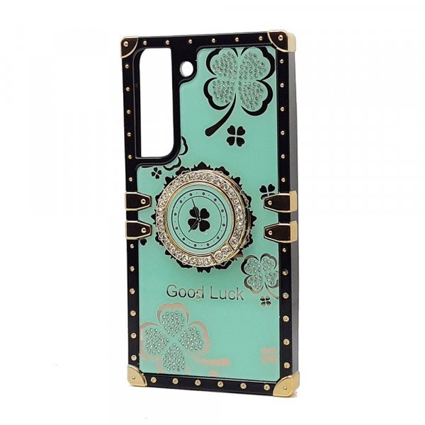 Wholesale Heavy Duty Floral Clover Diamond Ring Stand Grip Hybrid Case Cover for Samsung Galaxy S23 5G (Green)