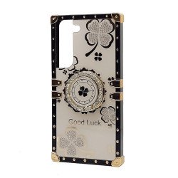 Heavy Duty Floral Clover Diamond Ring Stand Grip Hybrid Case Cover for Samsung Galaxy S23 5G (White)