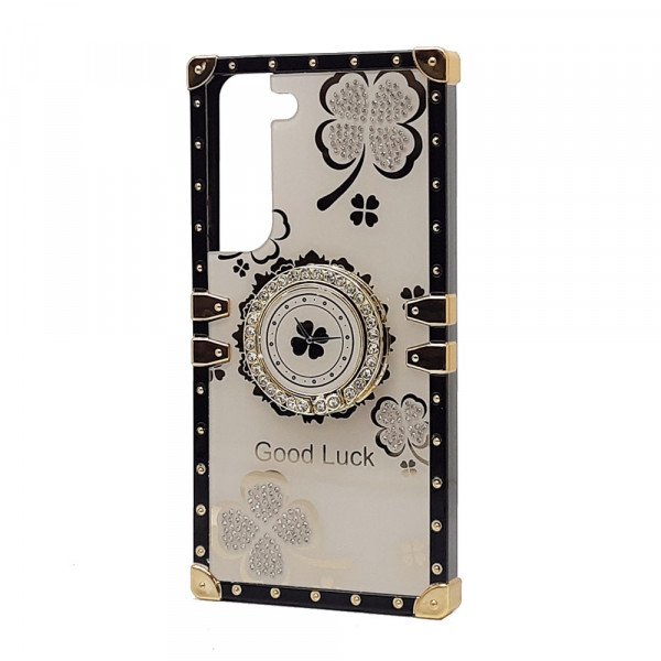 Wholesale Heavy Duty Floral Clover Diamond Ring Stand Grip Hybrid Case Cover for Samsung Galaxy S23 Plus 5G (White)