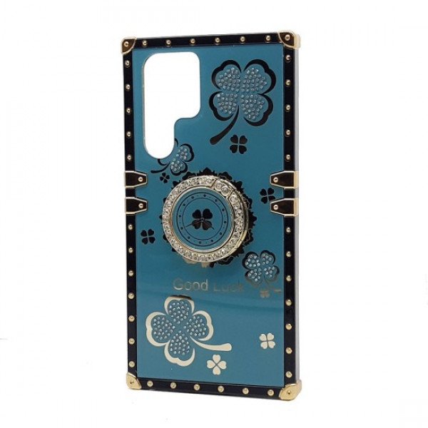 Wholesale Heavy Duty Floral Clover Diamond Ring Stand Grip Hybrid Case Cover for Samsung Galaxy S23 Ultra 5G (Navy Blue)