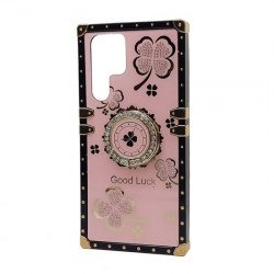 Heavy Duty Floral Clover Diamond Ring Stand Grip Hybrid Case Cover for Samsung Galaxy S23 Ultra 5G (Hot Pink)