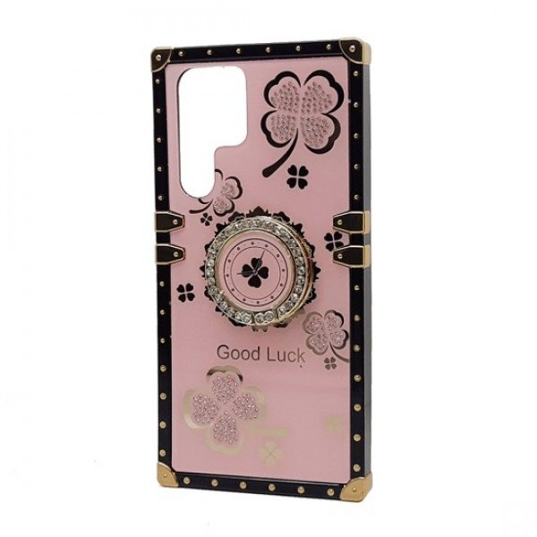 Wholesale Heavy Duty Floral Clover Diamond Ring Stand Grip Hybrid Case Cover for Samsung Galaxy S23 Ultra 5G (Hot Pink)