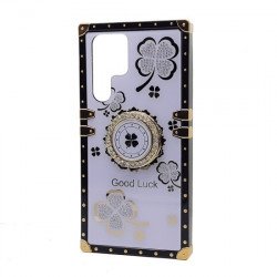 Heavy Duty Floral Clover Diamond Ring Stand Grip Hybrid Case Cover for Samsung Galaxy S23 Ultra 5G (Purple)