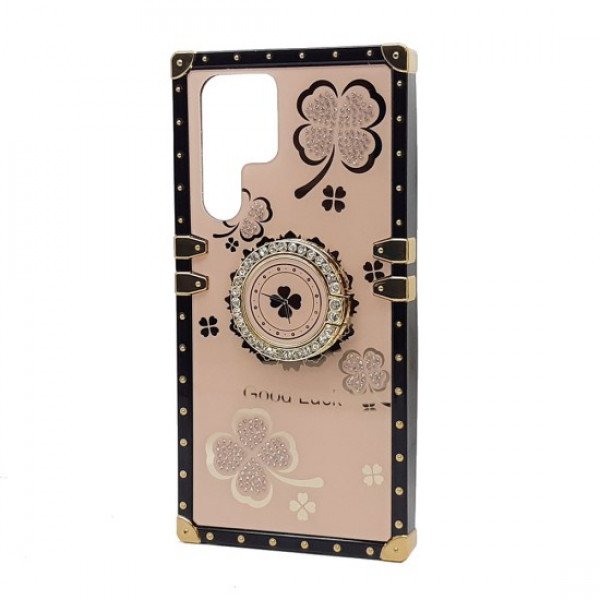 Wholesale Heavy Duty Floral Clover Diamond Ring Stand Grip Hybrid Case Cover for Samsung Galaxy S23 Ultra 5G (Rose Gold)