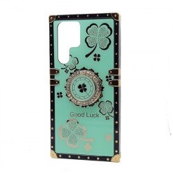 Heavy Duty Floral Clover Diamond Ring Stand Grip Hybrid Case Cover for Samsung Galaxy S23 Ultra 5G (Green)