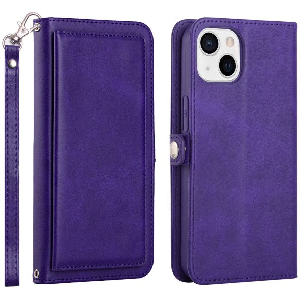 Wholesale Premium PU Leather Folio Wallet Front Cover Case with Card Holder Slots and Wrist Strap for iPhone 14 [6.1] (Purple)