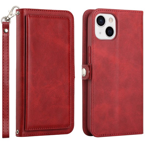 Wholesale Premium PU Leather Folio Wallet Front Cover Case with Card Holder Slots and Wrist Strap for iPhone 14 [6.1] (Red)