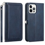 Wholesale Premium PU Leather Folio Wallet Front Cover Case with Card Holder Slots and Wrist Strap for iPhone 14 Pro Max [6.7] (Navy Blue)