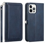 Wholesale Premium PU Leather Folio Wallet Front Cover Case with Card Holder Slots and Wrist Strap for iPhone 14 Pro [6.1] (Navy Blue)