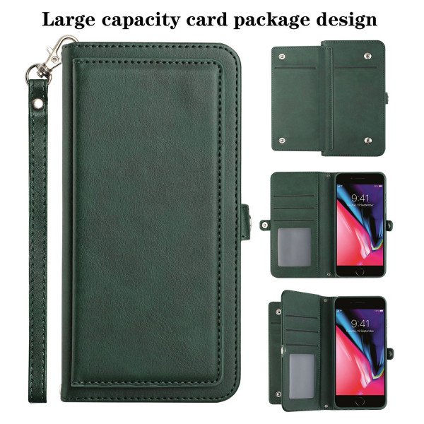 Wholesale Premium PU Leather Folio Wallet Front Cover Case with Card Holder Slots and Wrist Strap for Apple iPhone 8 / 7 / SE (2020) (Green)