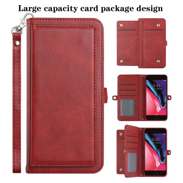 Wholesale Premium PU Leather Folio Wallet Front Cover Case with Card Holder Slots and Wrist Strap for Apple iPhone 8 / 7 / SE (2020) (Red)