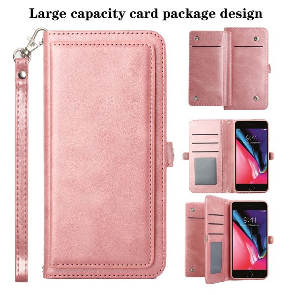 Wholesale Premium PU Leather Folio Wallet Front Cover Case with Card Holder Slots and Wrist Strap for Apple iPhone 8 / 7 / SE (2020) (Rose Gold)