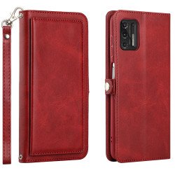 Premium PU Leather Folio Wallet Front Cover Case with Card Holder Slots and Wrist Strap for Motorola G Stylus 5G / 4G 2022 (Red)