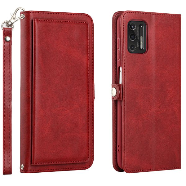 Wholesale Premium PU Leather Folio Wallet Front Cover Case with Card Holder Slots and Wrist Strap for Motorola G Stylus 5G / 4G 2022 (Red)