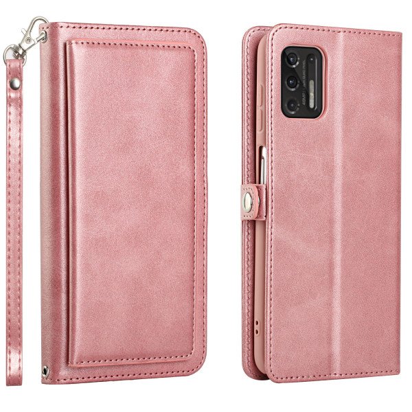 Wholesale Premium PU Leather Folio Wallet Front Cover Case with Card Holder Slots and Wrist Strap for Motorola G Stylus 5G / 4G 2022 (Rose Gold)