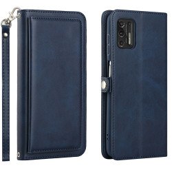 Premium PU Leather Folio Wallet Front Cover Case with Card Holder Slots and Wrist Strap for Motorola G Stylus 5G / 4G 2022 (Navy Blue)