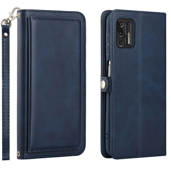 Wholesale Premium PU Leather Folio Wallet Front Cover Case with Card Holder Slots and Wrist Strap for Motorola G Stylus 4G 2022 (Navy Blue)