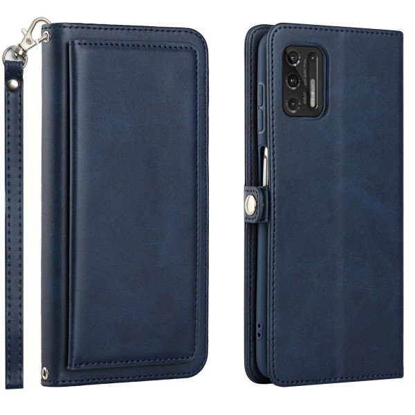 Wholesale Premium PU Leather Folio Wallet Front Cover Case with Card Holder Slots and Wrist Strap for Motorola G Stylus 5G / 4G 2022 (Navy Blue)