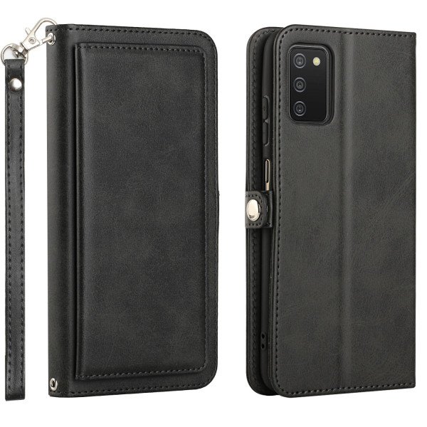 Wholesale Premium PU Leather Folio Wallet Front Cover Case with Card Holder Slots and Wrist Strap for Samsung Galaxy A02s (Black)