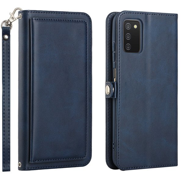 Wholesale Premium PU Leather Folio Wallet Front Cover Case with Card Holder Slots and Wrist Strap for Samsung Galaxy A02s (Navy Blue)