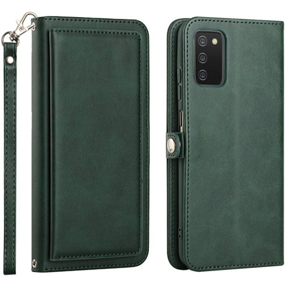 Wholesale Premium PU Leather Folio Wallet Front Cover Case with Card Holder Slots and Wrist Strap for Samsung Galaxy A02s (Green)