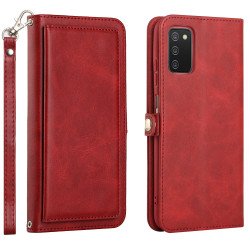 Premium PU Leather Folio Wallet Front Cover Case with Card Holder Slots and Wrist Strap for Samsung Galaxy A02s (Red)