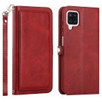 Wholesale Premium PU Leather Folio Wallet Front Cover Case with Card Holder Slots and Wrist Strap for Samsung Galaxy A12 (Red)