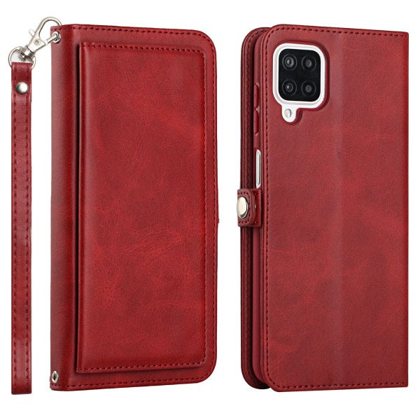 Wholesale Premium PU Leather Folio Wallet Front Cover Case with Card Holder Slots and Wrist Strap for Samsung Galaxy A12 (Red)