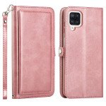 Wholesale Premium PU Leather Folio Wallet Front Cover Case with Card Holder Slots and Wrist Strap for Samsung Galaxy A12 (Rose Gold)