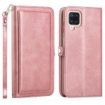 Wholesale Premium PU Leather Folio Wallet Front Cover Case with Card Holder Slots and Wrist Strap for Samsung Galaxy A12 (Rose Gold)