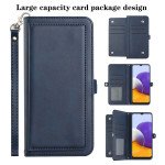 Wholesale Premium PU Leather Folio Wallet Front Cover Case with Card Holder Slots and Wrist Strap for Samsung Galaxy A22 4G (Navy Blue)