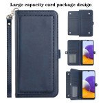 Wholesale Premium PU Leather Folio Wallet Front Cover Case with Card Holder Slots and Wrist Strap for Samsung Galaxy A22 5G (Navy Blue)