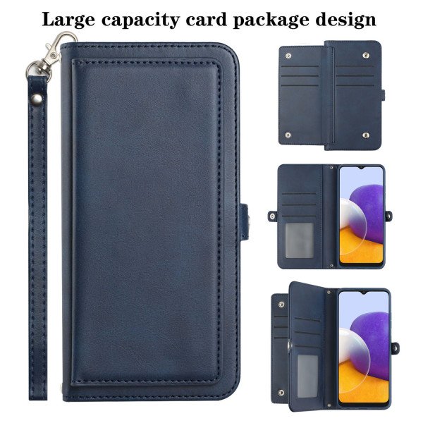 Wholesale Premium PU Leather Folio Wallet Front Cover Case with Card Holder Slots and Wrist Strap for Samsung Galaxy A22 5G (Navy Blue)