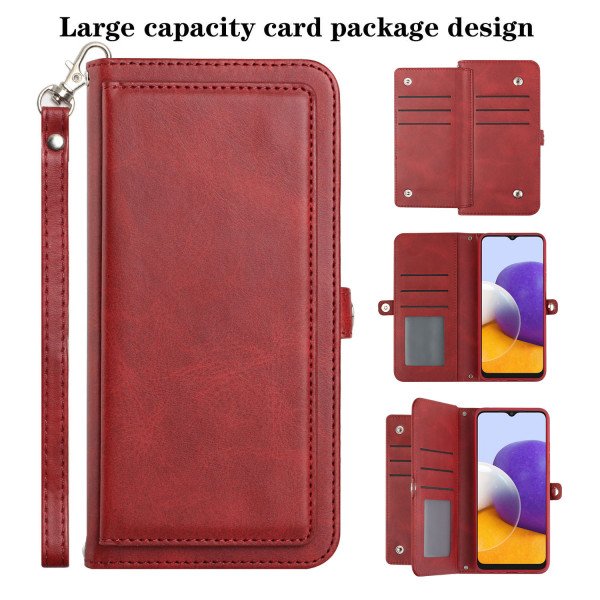 Wholesale Premium PU Leather Folio Wallet Front Cover Case with Card Holder Slots and Wrist Strap for Samsung Galaxy A22 5G (Red)