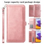 Wholesale Premium PU Leather Folio Wallet Front Cover Case with Card Holder Slots and Wrist Strap for Samsung Galaxy A22 4G (Rose Gold)