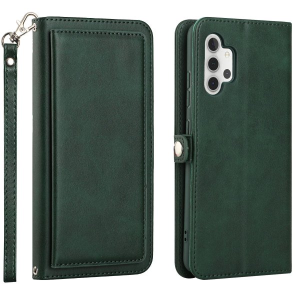 Wholesale Premium PU Leather Folio Wallet Front Cover Case with Card Holder Slots and Wrist Strap for Samsung Galaxy A32 4G (Green)