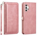 Wholesale Premium PU Leather Folio Wallet Front Cover Case with Card Holder Slots and Wrist Strap for Samsung Galaxy A32 4G (Rose Gold)