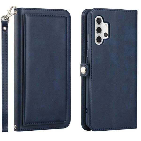 Wholesale Premium PU Leather Folio Wallet Front Cover Case with Card Holder Slots and Wrist Strap for Samsung Galaxy A32 4G (Navy Blue)