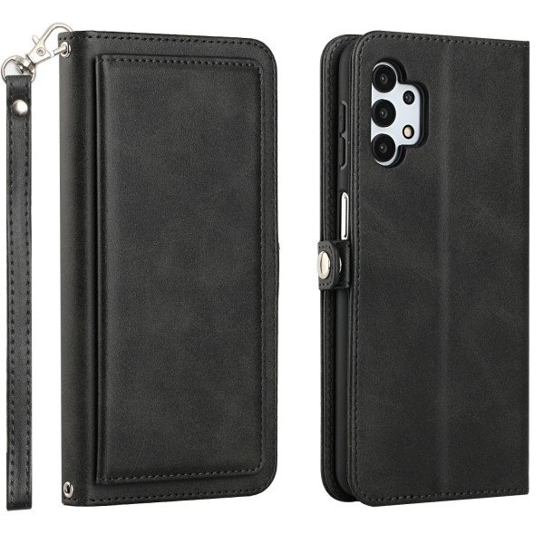 Wholesale Premium PU Leather Folio Wallet Front Cover Case with Card Holder Slots and Wrist Strap for Samsung Galaxy A32 5G / A13 5G (Black)
