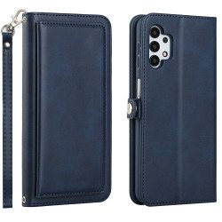 Premium PU Leather Folio Wallet Front Cover Case with Card Holder Slots and Wrist Strap for Samsung Galaxy A32 5G / A13 5G (Navy Blue)