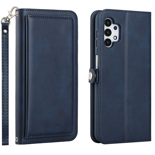 Wholesale Premium PU Leather Folio Wallet Front Cover Case with Card Holder Slots and Wrist Strap for Samsung Galaxy A32 5G / A13 5G (Navy Blue)