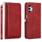 Premium PU Leather Folio Wallet Front Cover Case with Card Holder Slots and Wrist Strap for Samsung Galaxy A32 5G (Red)