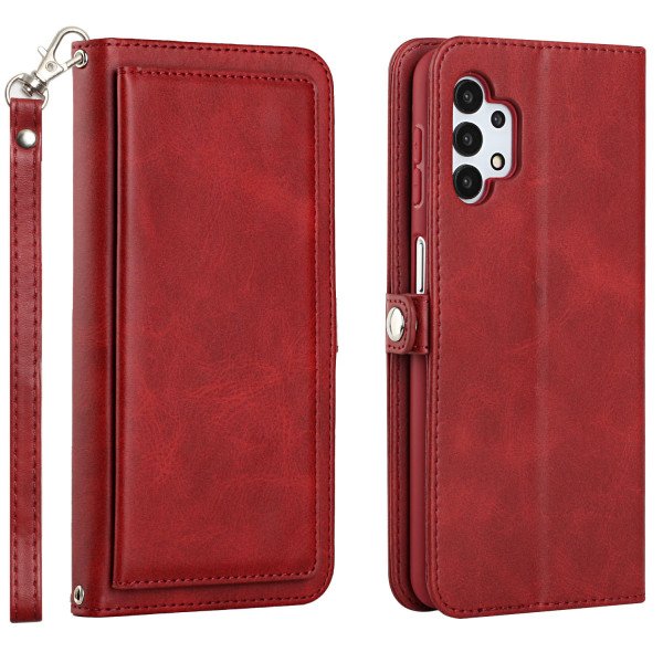 Wholesale Premium PU Leather Folio Wallet Front Cover Case with Card Holder Slots and Wrist Strap for Samsung Galaxy A32 5G / A13 5G (Red)