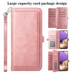 Wholesale Premium PU Leather Folio Wallet Front Cover Case with Card Holder Slots and Wrist Strap for Samsung Galaxy A32 5G / A13 5G (Rose Gold)