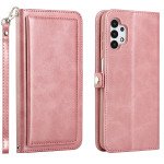 Premium PU Leather Folio Wallet Front Cover Case with Card Holder Slots and Wrist Strap for Samsung Galaxy A32 5G (RoseGold)