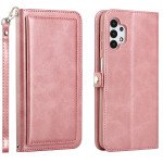 Premium PU Leather Folio Wallet Front Cover Case with Card Holder Slots and Wrist Strap for Samsung Galaxy A32 5G / A13 5G (Rose Gold)