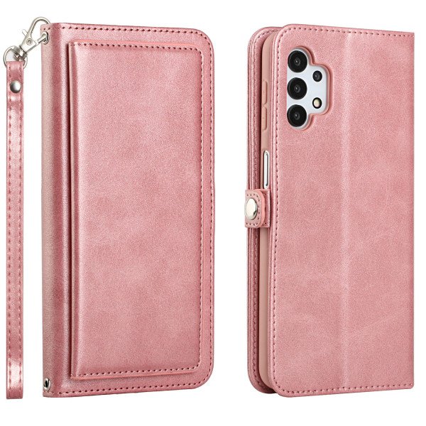 Wholesale Premium PU Leather Folio Wallet Front Cover Case with Card Holder Slots and Wrist Strap for Samsung Galaxy A32 5G / A13 5G (Rose Gold)