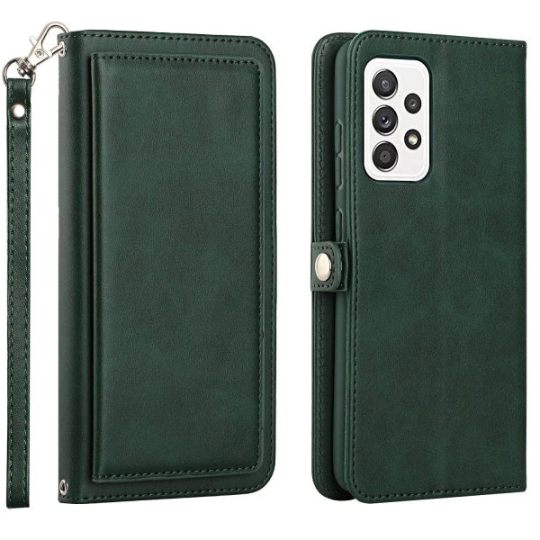 Wholesale Premium PU Leather Folio Wallet Front Cover Case with Card Holder Slots and Wrist Strap for Samsung Galaxy A52 5G (Green)