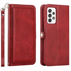 Premium PU Leather Folio Wallet Front Cover Case with Card Holder Slots and Wrist Strap for Samsung Galaxy A52 5G (Red)
