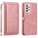 Wholesale Premium PU Leather Folio Wallet Front Cover Case with Card Holder Slots and Wrist Strap for Samsung Galaxy A52 5G (Rose Gold)